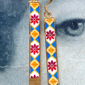 Atrio Ohrringe Tile Bar Ohrringe Blau Braun Tile Portugal Antique Azulejo PoRTO Schiffe aus USA Gold oder Silber