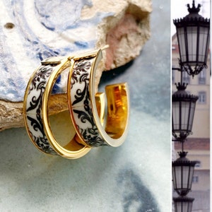 Atrio Hoops Earrings Post Black White Tile Portugal Antique Azulejo STAINLESS Steel Church of Mercy PoRTO Ships from USA 1&quot; Gold or Silver