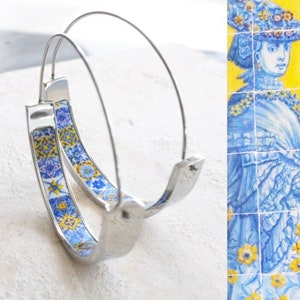 Earrings ATRIO Hoops Tile Portugal Stainless Steel Antique Azulejo -  1 1/2&quot;  Blue Gold 16 - 17th Century Tiles USA Shipping
