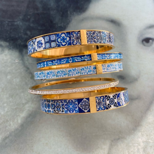 Bangles Bracelets STAINLESS STEEL Set Portugal Tile Border Blue Azulejo -  Set of 5 - Pinterest Size 8 - Ships from USA