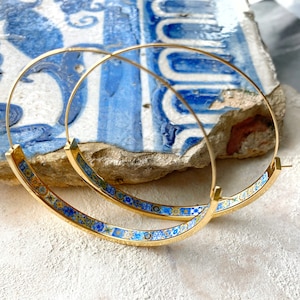 Hoops Atrio Earrings Tile STAINLESS STEEL Portugal Antique Azulejo Wire Flat Bottom Blue Gold Tiles  Lightweight - 2"  Gold Tone