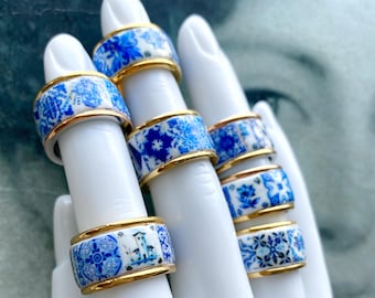 Tile Ring Portugal STAINLESS STEEL Portuguese Antique Azulejo  - Blue Tiles Delft  Ships from USA Small Size 5.5