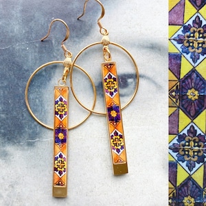 Bruine ATRIO oorbellen cirkelvormige staaf tegel bruine oorbellen geometrisch Portugal roestvrij staal antieke azulejo etnische oorbellen goud zilver