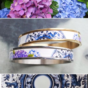 Atrio Bangle Hydrangea Pottery COIMBRA Portugal 17th BLUE Century Azores Acores Bracelet Ceramic Stainless Steel Made to order Sizes S M L