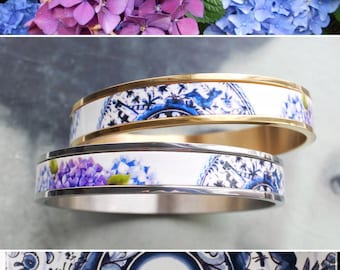 Atrio Bangle Hydrangea Pottery COIMBRA Portugal 17th BLUE Century Azores Acores Bracelet Ceramic Stainless Steel Made to order Sizes S M L
