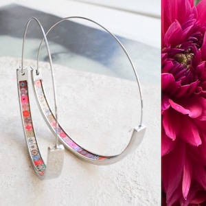 Hoops Atrio Earrings Red Tile Portugal Azulejo STAINLESS STEEL Wire Flat Bottom Lightweight 2&quot; Silver Tone Ships from USA