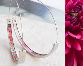 Hoops Atrio Earrings Red Tile Portugal Azulejo STAINLESS STEEL Wire Flat Bottom Lightweight 2" Silver Tone Ships from USA