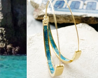 Atrio Flat Bottom Hoop Earrings Atrio Portugal Tile Turquoise Azulejo Caldas da Rainha Persian Gold Stainless Steel  Hypo Allergenic 2"