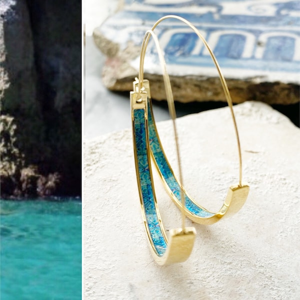 Atrio Flat Bottom Hoop Earrings Atrio Portugal Tile Turquoise Azulejo Caldas da Rainha Persian Gold Stainless Steel  Hypo Allergenic 2"