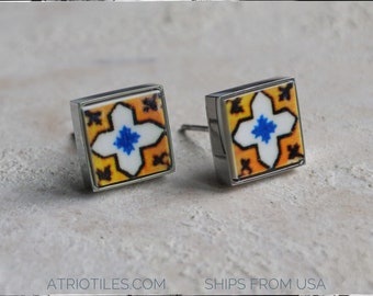 Stud Earrings Portugal Tile Atrio Azulejo Blue and Yellow - Ovar and Porto Gift Box Included SOLID Stainless Steel 1531 Small