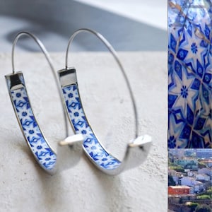 Earrings Hoops Atrio Tile Blue Portugal Azulejo  Porto Lightweight Stainless Steel Ships from USA 1.50&quot; Flat Bottom Pinterest Hypoallergenic