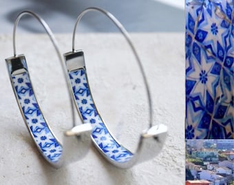 Ohrringe Creolen Atrio Tile Blau Portugal Azulejo Porto Leichte Edelstahl Schiffe aus den USA 1,50 ""Flacher Boden Pinterest Hypoallergen."