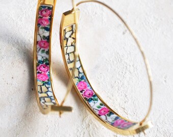 HOOPS Earrings Atrio Tile Portugal Roses Fusion Cobblestone Calçada Portuguesa Stainless Steel  Azulejo  1.5" Delicate  Ships from USA