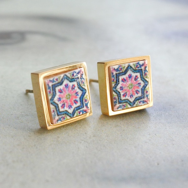 STUD Earrings Portugal Tile Azulejo Tile SOLID Stainless Steel Posts Hypo allergenic OVAR, Ourivesaria Carvalho  Gift Boxed  651a Gold Tone