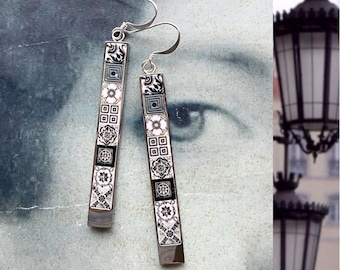 Atrio Matchstick Bar-oorbellen zwart-witte tegel Portugal antieke Azulejo ROESTVRIJ STAAL PORTO zilverkleurige oorbellen Zwarte oorbellen