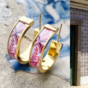 Pendientes de aro Atrio con azulejos rojos de Portugal, azulejos antiguos, aros rosados de Ovar, acero inoxidable dorado o plateado, envíos desde EE. UU.