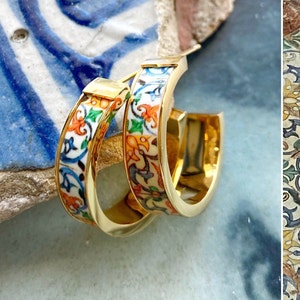 HOOP Earrings ATRIO Portugal Tile 1&quot; Post Antique Azulejo Pinterest CoIMBRA 1590 Stainless Steel Gift Boxed Ships from USA Gold or Silver