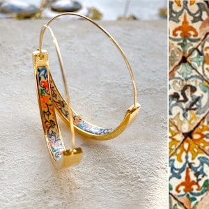 HOOP Earrings ATRIO Portugal Tile Antique Azulejo Pinterest CoIMBRA 1590 Stainless Steel 1.50 Gift Box Included Ships from USA Gold Tone image 1