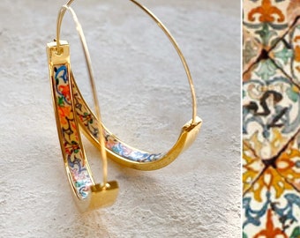 HOOP Earrings ATRIO Portugal Tile Antique Azulejo Pinterest CoIMBRA 1590 -  Stainless Steel 1.50” Gift Box Included Ships from USA Gold Tone