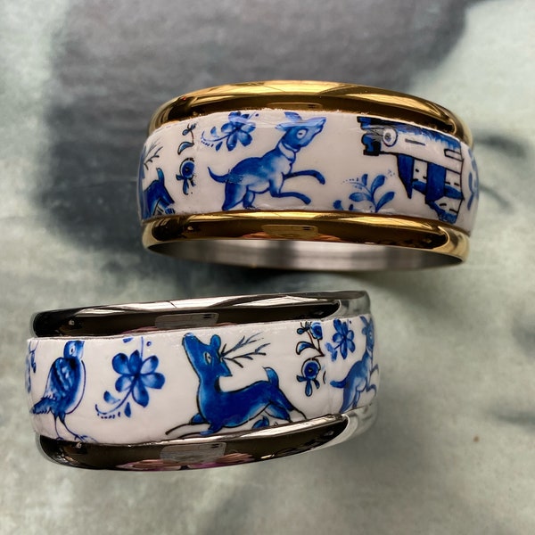 Bangle COIMBRA Portugal BLUE 17th Century Pottery Cuff Bracelet Ceramic DeeR  Ceramicas - Gold or Silver Stainless Steel Ships from USA