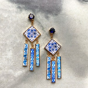 Atrio Fringe Earrings Tile Dangle Portugal Azulejo - Cubic Zirconia Studs Hypo allergenic Stainless Steel  3" Ships from USA