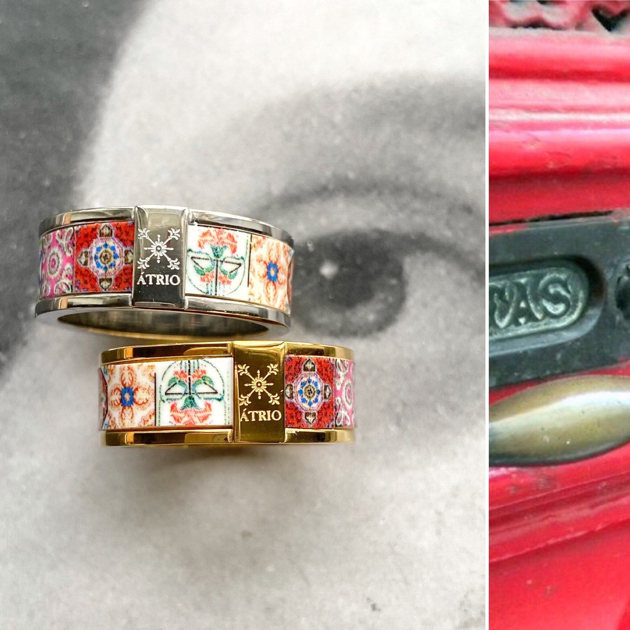 Atrio Tile Ring Portugal RED Tiles STaINLESS STEEL Portuguese Antique Azulejo  - Tiles Ships from USA Gold or Silver Tone