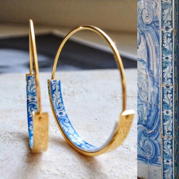 Hoops Earrings Hoop Atrio Tile Blue Portugal  STAINLESS STEEL Azulejo University of Evora  Delicate 1 1/4&quot; (3.18cm) Ships from USA Thin Wire