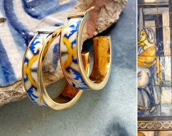 Atrio Hoop Earrings Portugal Tile 1" Stainless Steel PostAzulejo Antique 17th Century Évora Pousada Gold Blue gift boxed Gold or Silver