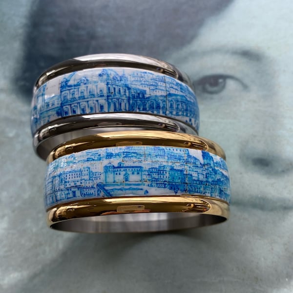 Atrio Bangle Lisbon Great View Blue Tiles before 1755 Earthquake - Gold or Silver Stainless Steel Ships from USA