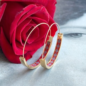 Gold Hoops Atrio Earrings Tile Portugal Stainless Steel Flat Bottom Antique Azulejo - RED Tiles USA Shipping 1.50&quot; Valentine&#39;s Gift