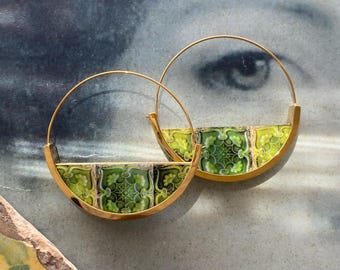 Atrio Earrings Hoop Portugal Tile Hoops Green Tiles Antique Azulejo Tile Portuguese  Vila do Conde and Lisbon Stainless Steel Reversible
