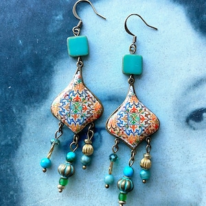 Earrings Chandelier Portugal Tile Azulejo Bohemian Assemblage Antique COIMBRA 1590 Se de Coimbra Persian Tribal Natural  USA Shipping