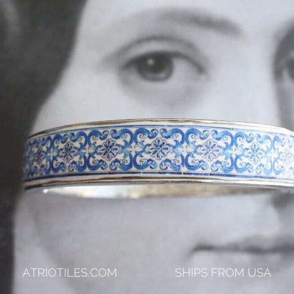 Bracelet Tile Portugal BLUE Atrio Azulejo Blue Bangle Aveiro Santa Joana - Ships from USA Gift Boxed Made to Order Sizes Small Medium Large