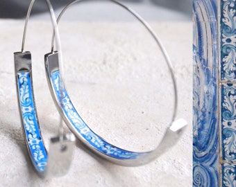 Atrio Hoop Earrings with Blue Tile Center - Stainless Steel 1.50" Atrio Hoops Portuguese Azulejos Ships from USA Pinterest