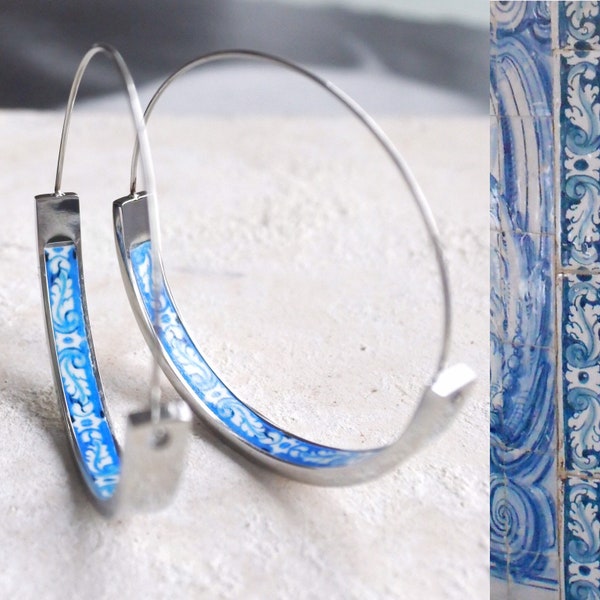 Atrio Hoop Earrings with Blue Tile Center - Stainless Steel 1.50" Atrio Hoops Portuguese Azulejos Ships from USA Pinterest