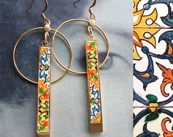 Earrings Circle Bar ATRIO Portugal Tile Antique Azulejo Pinterest CoIMBRA 1590 -  Matchstick Gift Box Included - Ships from USA 2 Options