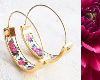 HOOPS Earrings Atrio Tile Portugal Roses Stainless Steel Antique Azulejo  1" Delicate Setubal Abandoned Building  Ships from USA