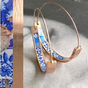 Hoops Earrings Hoop Atrio Tile Blue Azulejo Portugal  STAINLESS STEEL Pinterest  Delicate 1.50&quot; Ships from USA Rose Gold