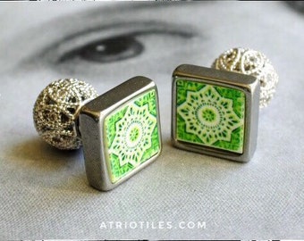 Double Earrings Front Back Portugal Tile Filigree Ball sits BEHIND earlobe Stainless Steel Post Azulejo - Ilhavo Green  - Gift Boxed