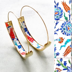 Atrio Hoops Earrings PERSIAN Arab Turkish İznik Pottery Ottoman Islamic Tulip  -  USA Shipping 1.50&quot; Stainless Steel with Gold wash