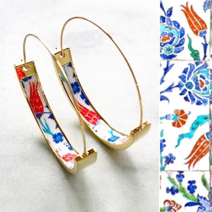 Atrio Hoops Earrings PERSIAN Arab Turkish İznik Pottery Ottoman Islamic Tulip  -  USA Shipping 1.50" Stainless Steel with Gold wash