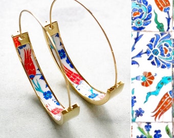 Atrio Hoops Earrings PERSIAN Arab Turkish İznik Pottery Ottoman Islamic Tulip  -  USA Shipping 1.50" Stainless Steel with Gold wash