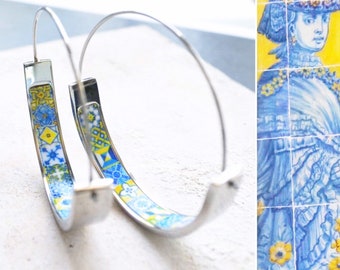 Hoops Tile Atrio Earrings Flat bottom Portugal Stainless Steel Antique Azulejo -  1.50"  Blue Gold 16 - 17th Century Tiles USA Shipping