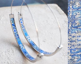 Hoops Atrio Earrings Blue Tile Portugal Azulejo STAINLESS STEEL Wire Flat Bottom Lightweight 2" Silver Tone Ships from USA