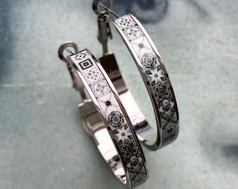 Atrio Hoops Earrings Black and White Tile Portugal Antique Azulejo STAINLESS Steel Hypoallergenic  PoRTO Ships from USA 1.25"