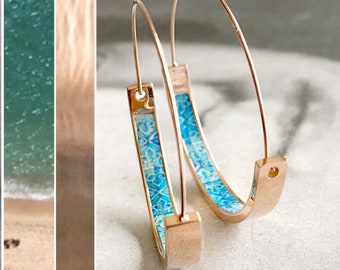 Hoop Earrings Atrio Portugal Tile Turquoise Azulejo Caldas da Rainha Persian Tiles Gift Boxed Stainless Steel Hypo Allergenic Rose Gold 1.50