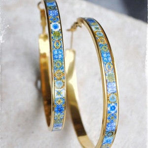 Hoops Earrings Atrio Tile Portugal Stainless Steel  Azulejo -  2&quot;  Blue Gold 16 - 17th Century Tiles USA Shipping Gold Tone