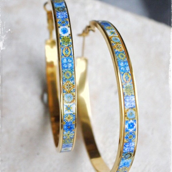 Hoops Earrings Atrio Tile Portugal Stainless Steel  Azulejo -  2"  Blue Gold 16 - 17th Century Tiles USA Shipping Gold Tone