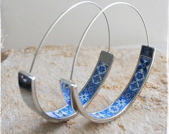 Hoops Earrings Atrio Tile Portugal Stainless Steel  Azulejo -  1.75"  Blue and WhiteTiles USA Shipping  4.5cm Lightweight! NEW