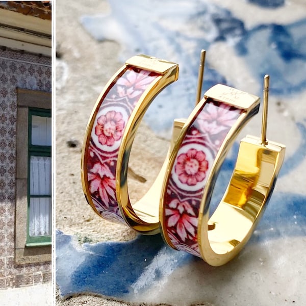 Atrio Hoop Earrings Red Tile Portugal Antique Azulejo - Ovar Pink Hoops Gold or Silver Stainless Steel Ships from USA